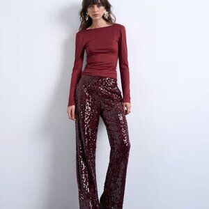 Topshop Burgundy Sequin Straight-Leg Pants